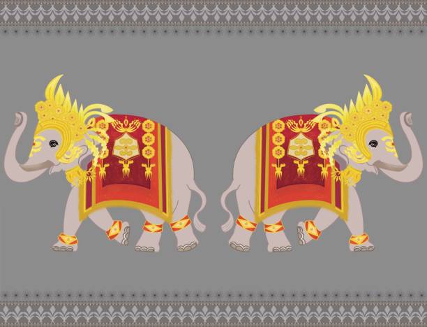 illustrazioni stock, clip art, cartoni animati e icone di tendenza di modello senza soluzione di continuità dell'elefante tailandese con vestito apsorn in ornamenti dorati rossi, corona apsara nel periodo di angkor, concetto per il design dei pantaloni dell'elefante, decorazione della casa, stampa di moda in tessuto, indust - ganesh himal