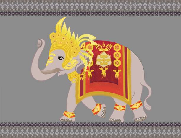 illustrations, cliparts, dessins animés et icônes de thai elephant seamless pattern with apsorn dress in red golden ornaments,apsara crown in angkor period, concept for elephant pants design, home decoration,fabric fashion print ,tile.textile industry. - ganesh himal