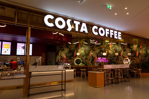 Doha, Qatar - February 25, 2024 : Costa Coffee in Hamad International Airport, Doha, Qatar.