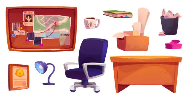 Vector illustration of Police detective office furniture set