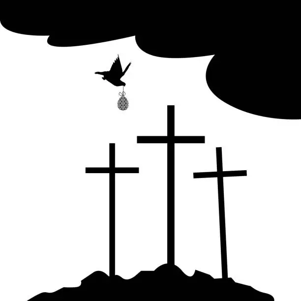 Vector illustration of Easter celebration concept in religious style. Silhouettes crucifixion cross on a mountain against a  white background of with an Easter dove. Spring poster for holiday decoration with place for text.