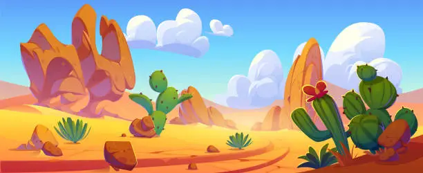 Vector illustration of Arizona landscape with hot sand, rocks and cactus