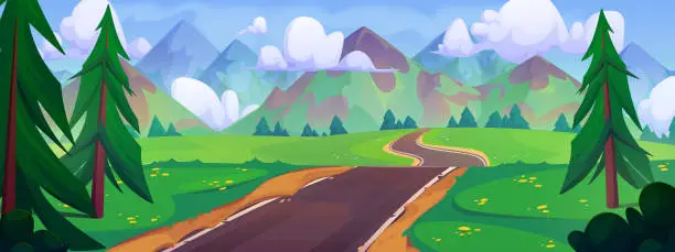 Vector illustration of Empty curve road among green trees and mountains