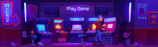 Vector illustration of Man in game club room with retro arcade machine