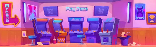 Vector illustration of Game club room interior with retro arcade machine