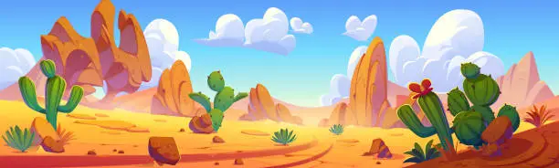 Vector illustration of Arizona landscape with hot sand, rocks and cactus