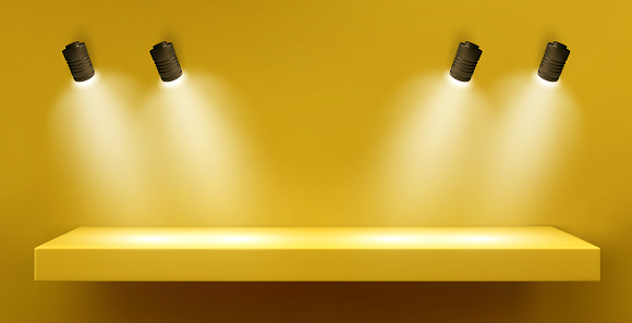 Wall with shelf and spot light lamp for product display. Realistic vector illustration of empty platform illuminated by spotlight. Mockup of gallery or exhibition studio podium with highlight.