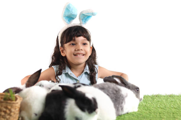 Cute little girl with blue bunny ears playing with rabbits while lying on green grass. Joyful kid with her pet celebrating Easter day on white background. Happy child on Easter holiday celebration.