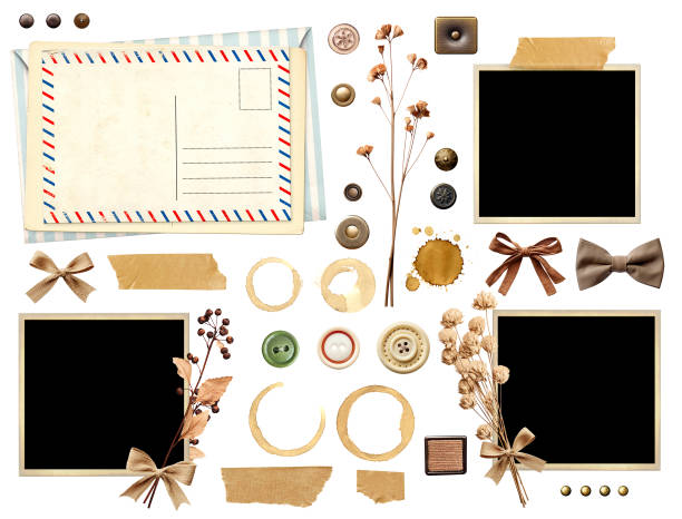 Romantic scrapbooking set with retro photo frame, dry pressed flower, linen bow, button, coffee stain and drop. Nostalgic scrapbooking collection with vintage objects. Isolated on white background