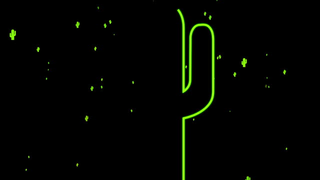 Cartoon cactus blinking, flickering with electrifying neon green hues against a backdrop of deep black
