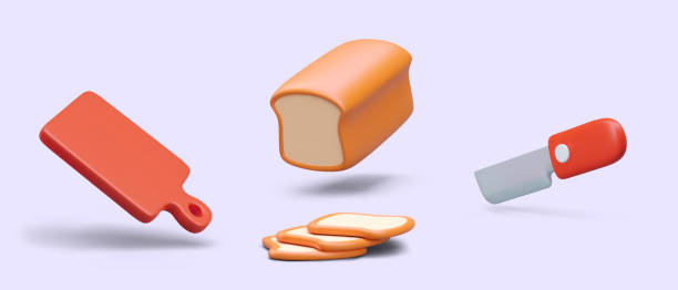 istock Toast sliced bread concept. 3D cutting board, knife, bread for sandwiches 2051009771