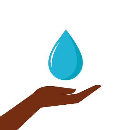 Hand protects a drop of water. Environment protection. Vector illustration in flat style. Isolated on a white background.