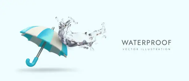 Vector illustration of 3d realistic umbrella and splash of crystal water. Colorful poster