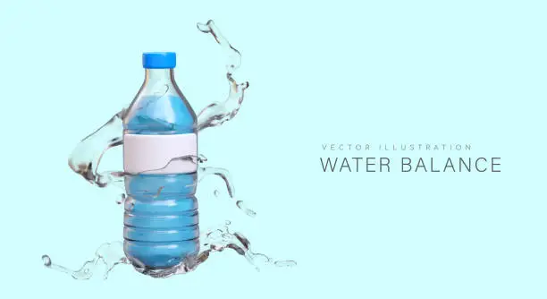 Vector illustration of Concept of water balance. Plastic bottle of transparent water, realistic splashes around