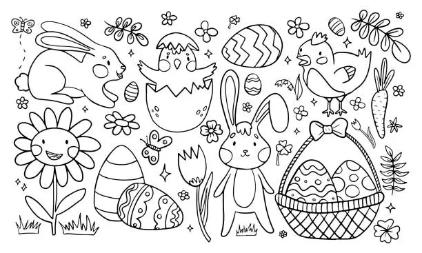 Vector illustration of A joyful collection of Easter line drawings featuring bunnies, chicks, decorated eggs, flowers, and a basket, perfect for kids' coloring activities.