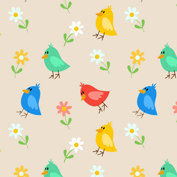 illustrazioni stock, clip art, cartoni animati e icone di tendenza di simpatico modello con uccello e fiori. modello vettoriale della natura disegnata a mano - spring birdsong bird seamless