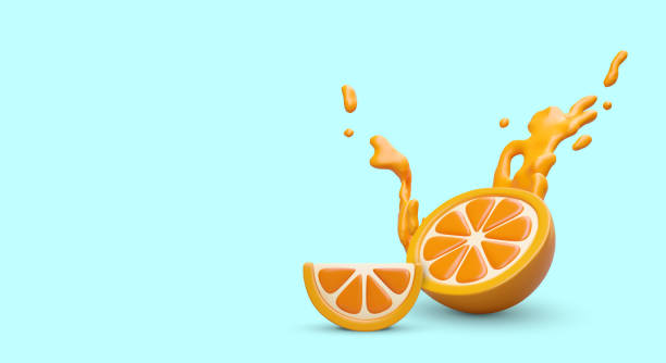 istock Concept of freshly squeezed orange juice. Realistic cut orange, liquid splash 2051037536