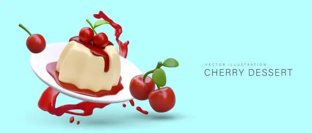 Vector illustration of Cherry panna cotta, berry dessert. Realistic illustration with splashes, reflections, shadows