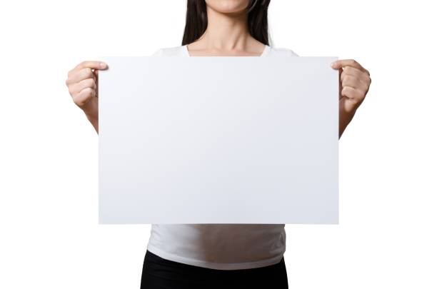 istock Close up view female hand hold on white paper board. 2051055717
