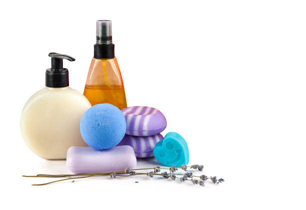 Cosmetic and hygiene products with lavender extract isolated on white background. Free space for text.