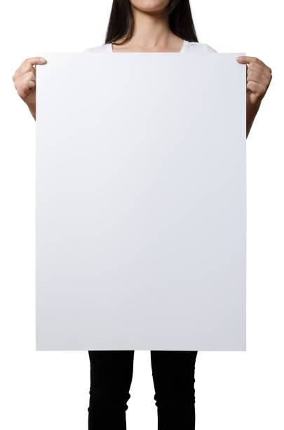 istock Close up view female hand hold on white paper board. 2051078277