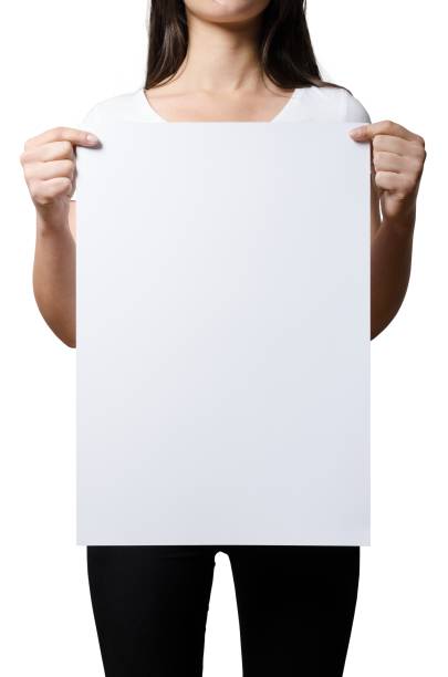 istock Close up view female hand hold on white paper board. 2051078817