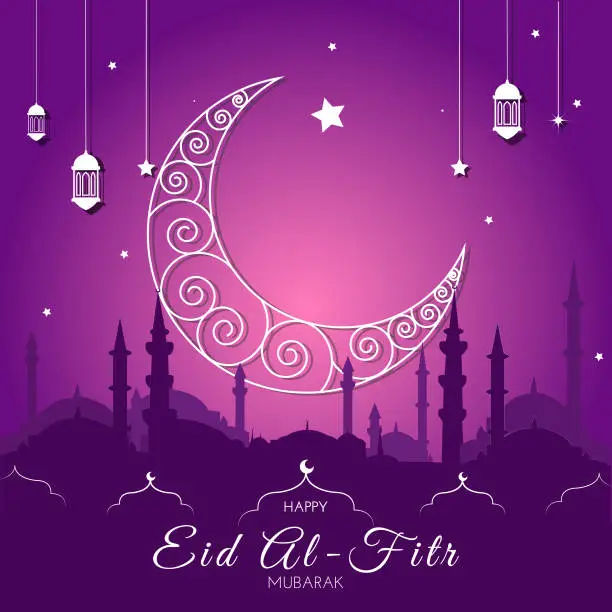 Vector illustration of Crescent Islamic with Lanterns and stars for Ramadan, Eid Mubarak. Greeting card, banner. Half Moon, Lamp, mosque.