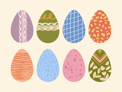Decorated Easter eggs vector illustration set. Cute colorful eggs hand painted with brush strokes, dots and lines isolated on pastel background. Flat cartoon poster. Egg hunt modern textured design