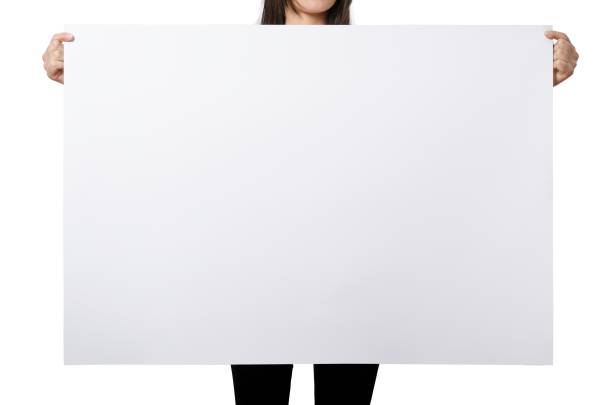 istock Close up view female hand hold on white paper board. 2051086175