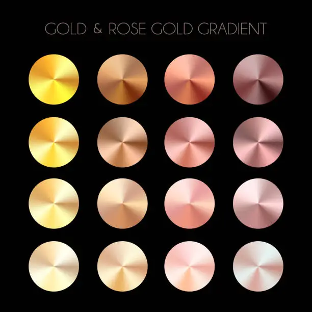 Vector illustration of Gold and rose gold radial gradient set. Colors palette. Vector illustration