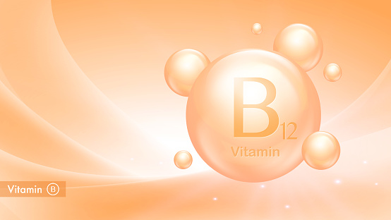 Vitamin B12 vector banner with drop bubbles. Medical poster of vitamin B complex. Health and beauty care. Nutritional supplements