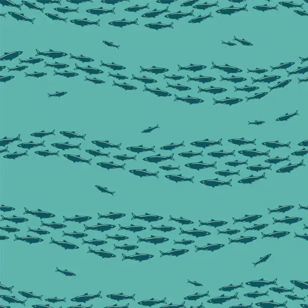 Vector illustration of School of fish seamless vector pattern. Sardines. Textile, packaging, scrapbook, wrapping