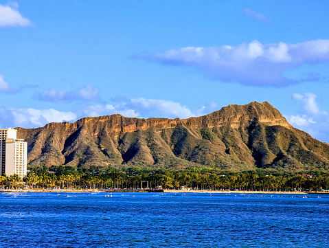 A breathtaking view of the iconic Diamond Head with the pristine Waikiki Beach in the foreground, showcasing a perfect blend of natural beauty and leisure.