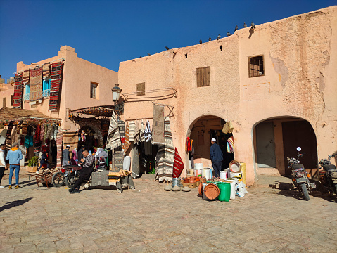 Market square in the city center of Ghardaia, a must-see place where rugs ,local crafts, and handmade carpets are sold. Oasis M'zab, Algeria,