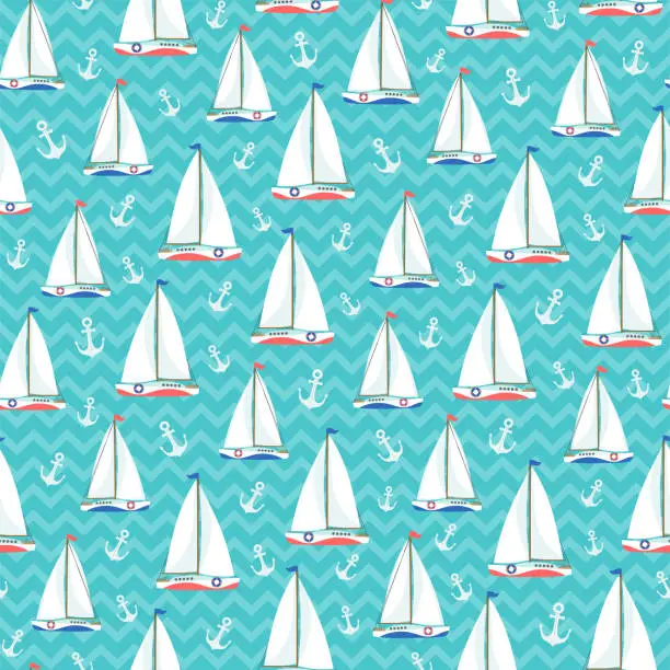 Vector illustration of Nautical seamless pattern cartoon sailboats on chevron background.