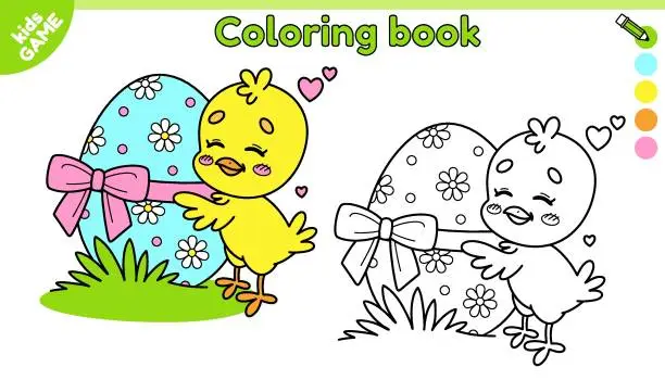 Vector illustration of Page of kids Easter coloring book with cute chick