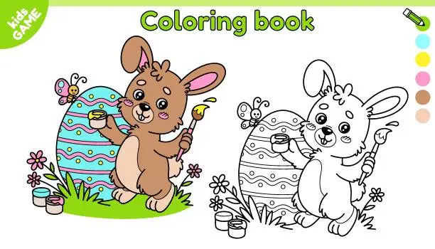 Vector illustration of Page of kids Easter coloring book with cute rabbit