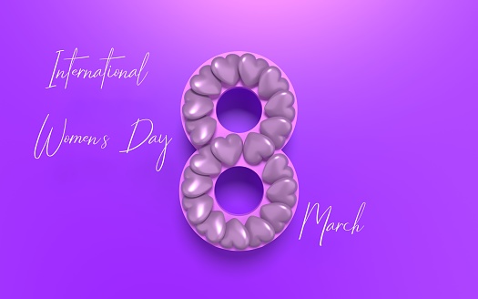 8 March International Women's Day on purple background with heart shapes. Purple symbolizes the beauty of women.
