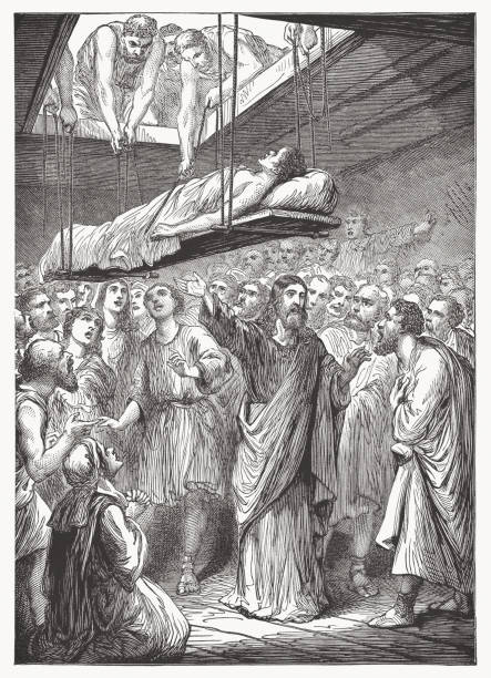 Jésus guérit un paralytique (Matthieu, 9,1-8), gravure sur bois, publiée vers 1890 - Illustration vectorielle