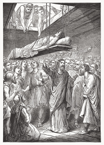 Jesus heals a paralyzed man (Matthew, 9, 1-8). Wood engraving, published ca. 1890.