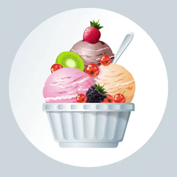Vector illustration of Three scoops of ice cream in white ice-cream bowl with fruits and berries. Fresh dessert illustration.
