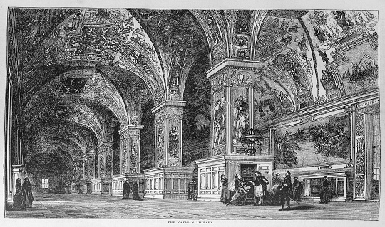 Illustration from Harper's Magazine Volume XLV -June to November 1872  :- Architecture study of the beautiful impressive Vatican Library with groups of people to show scale in Rome, Italy