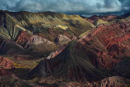 The dramatic landforms of the Cerro de los 14 Colores, or Fourteen Coloured Mountain, Serranía de Hornocal, Jujuy, northwest Argentina.