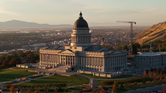 Utah State Capitol Complex, Salt Lake City in Utah, USA. Aerial backward ascending