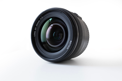 Black 14mm lens, 1:2.8 aperture, marked with distance marks in meters and feet.Close-up