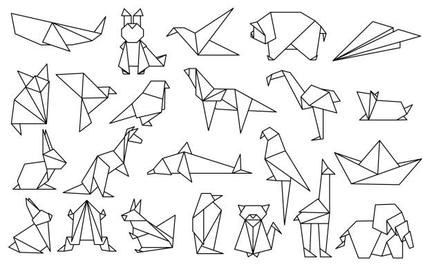 Animal origami vector Set of animals white in flat style origami. Japanese origami paper animal shape geometric illustration cat origami stock illustrations