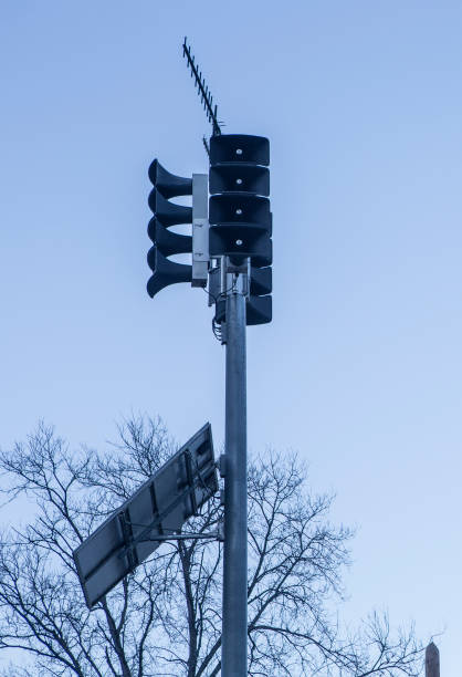 istock Solar-powered horn loudspeakers pole 2051311179