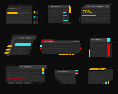 Hud callout titles. Futuristic text boxes, digital callouts bar labels. Digital futuristic infochart for visualization objects. Interface elements HUD, UI, GUI.