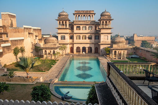 Mandawa, India - February 11, 2024: scenic aerial view of an old palace in Mandawa, now serving as luxury hotel, Mandawa, india