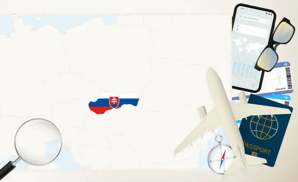 Vector illustration of Slovakia map and flag, cargo plane on the detailed map of Slovakia with flag.